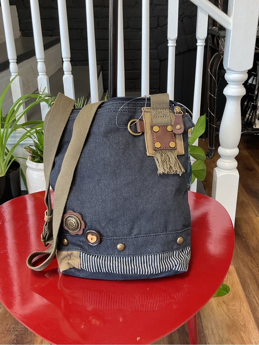 Canvas Crossbody Bag - Black with Tan Accents